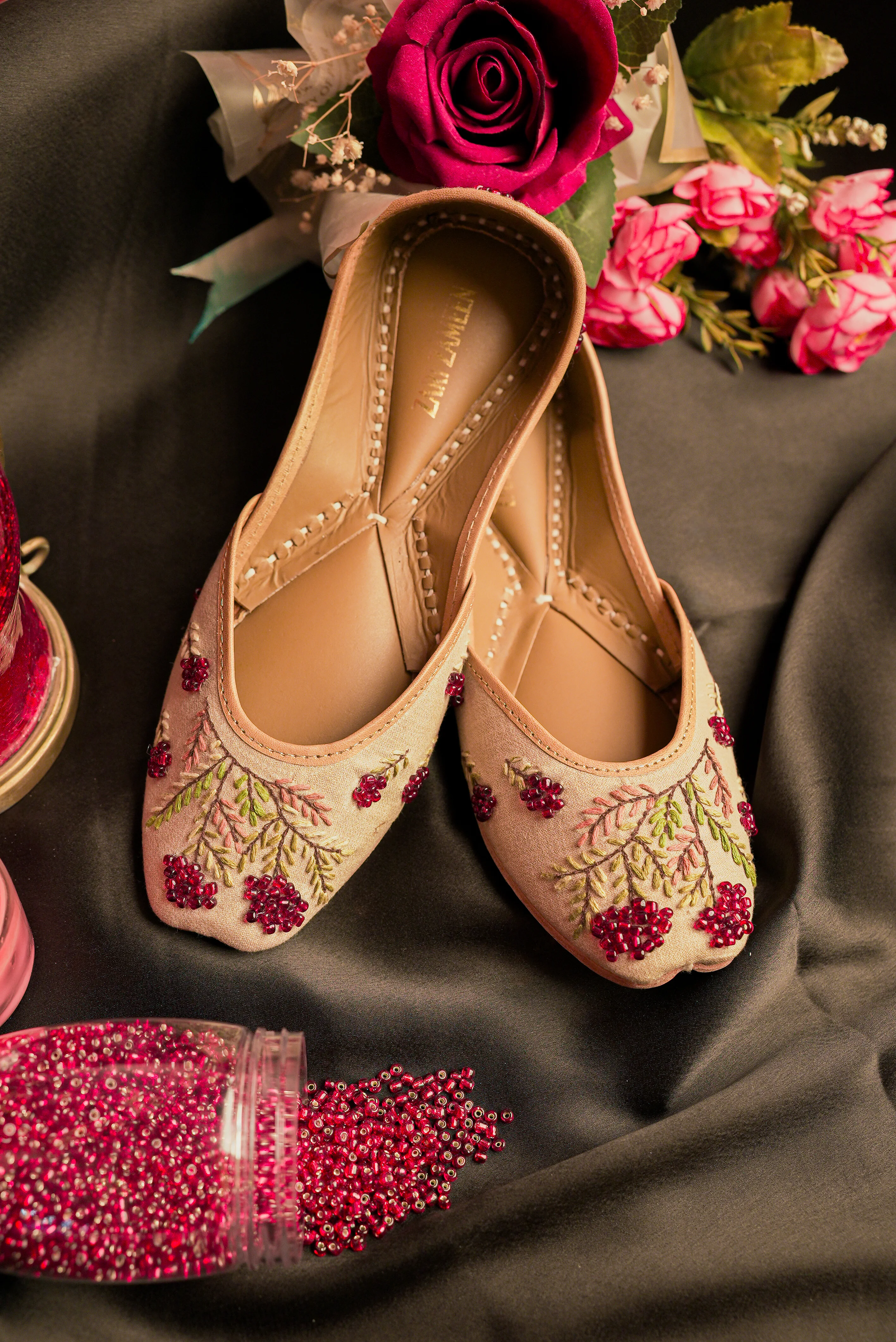 Beige Floral Embroidered Punjabi Juttis with Ruby Red Beadwork
