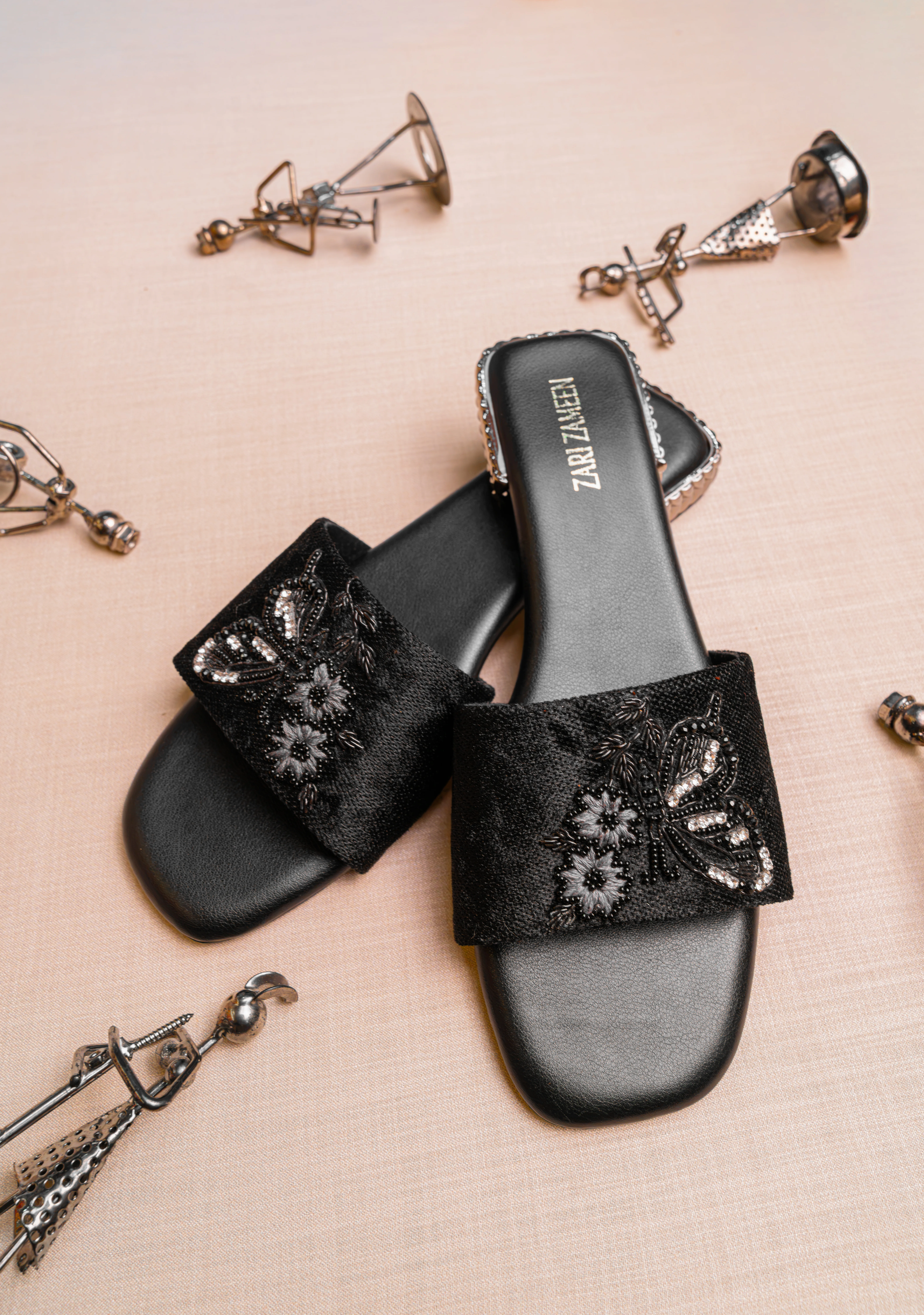 Black Embellished Butterfly Slides with Silver Detailing