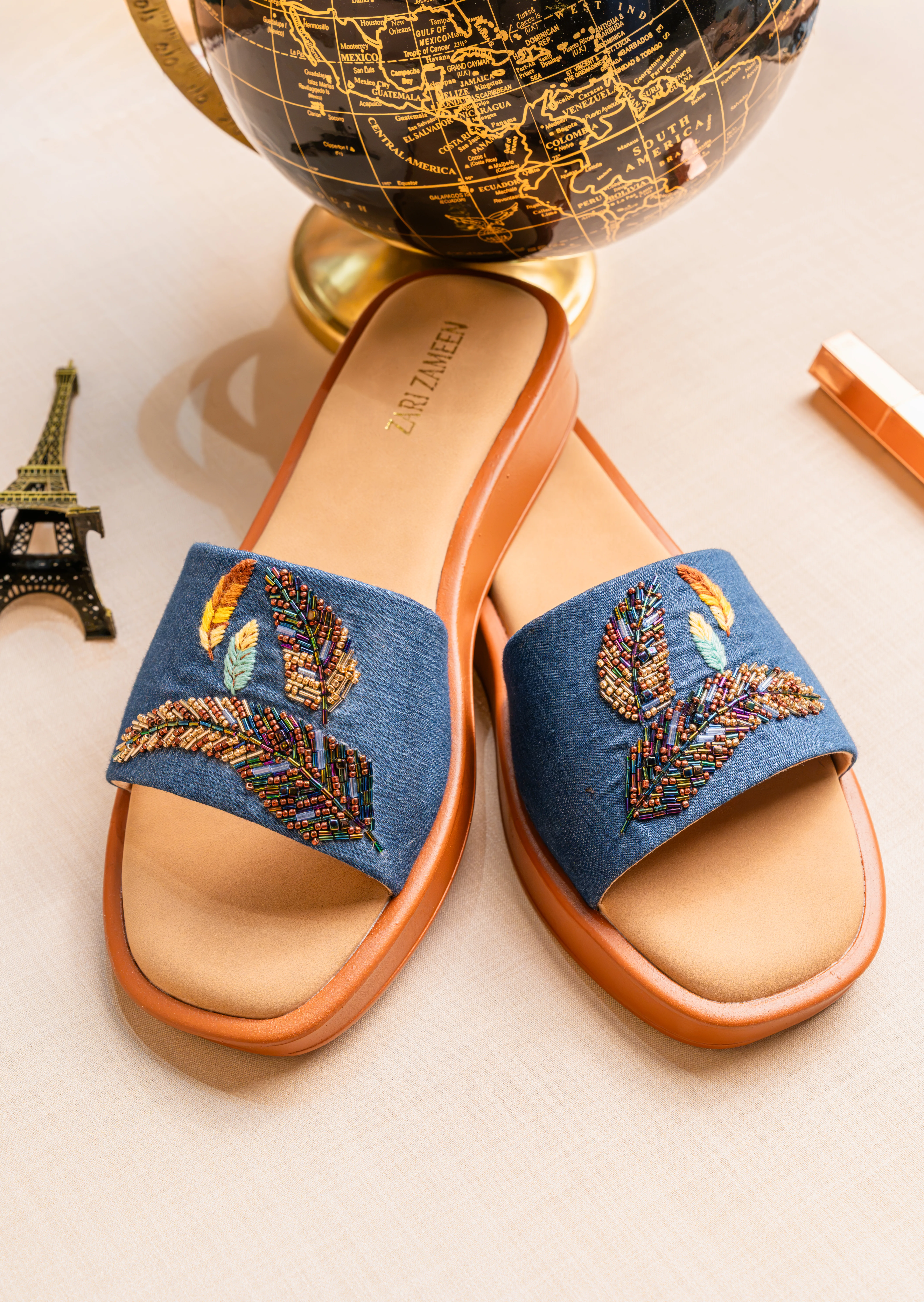 Blue Embellished Slides with Multicolor Feather-Inspired Beadwork