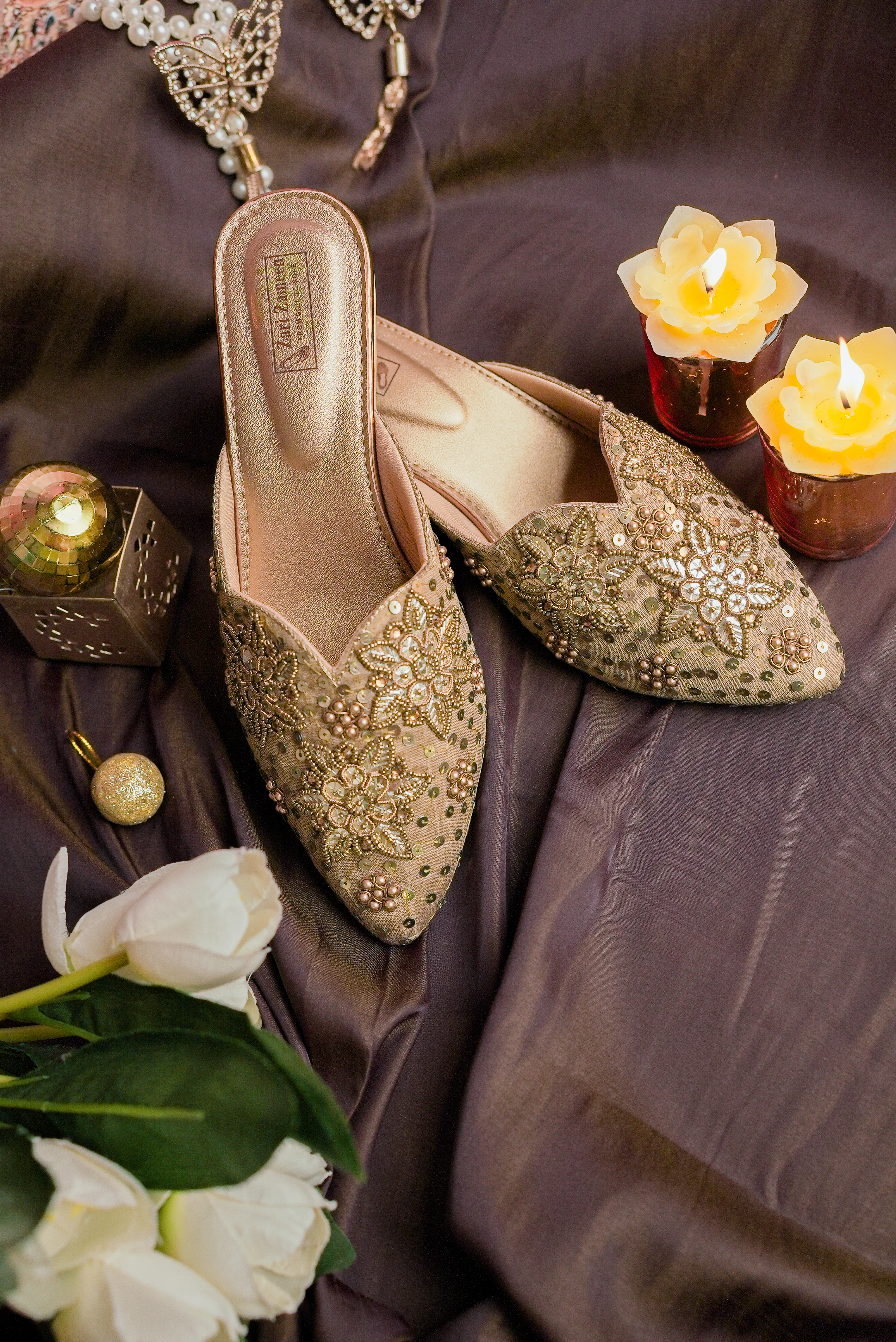 Champagne Gold Floral Embellished Pointed-Toe Mules