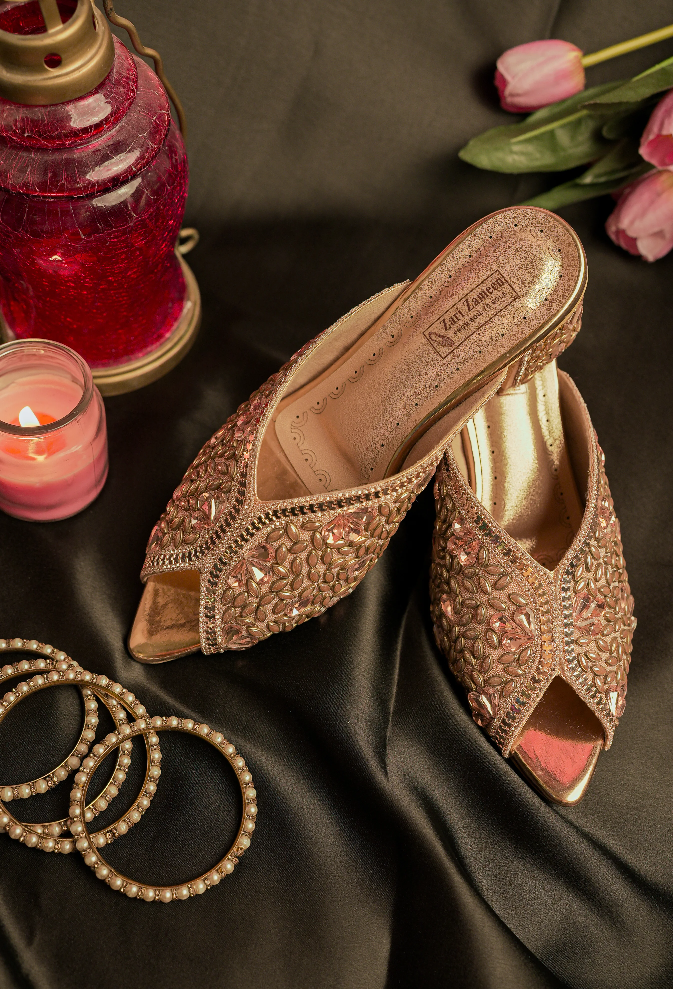 Rose Gold Embellished Cross-Strap Open-Toe Mules