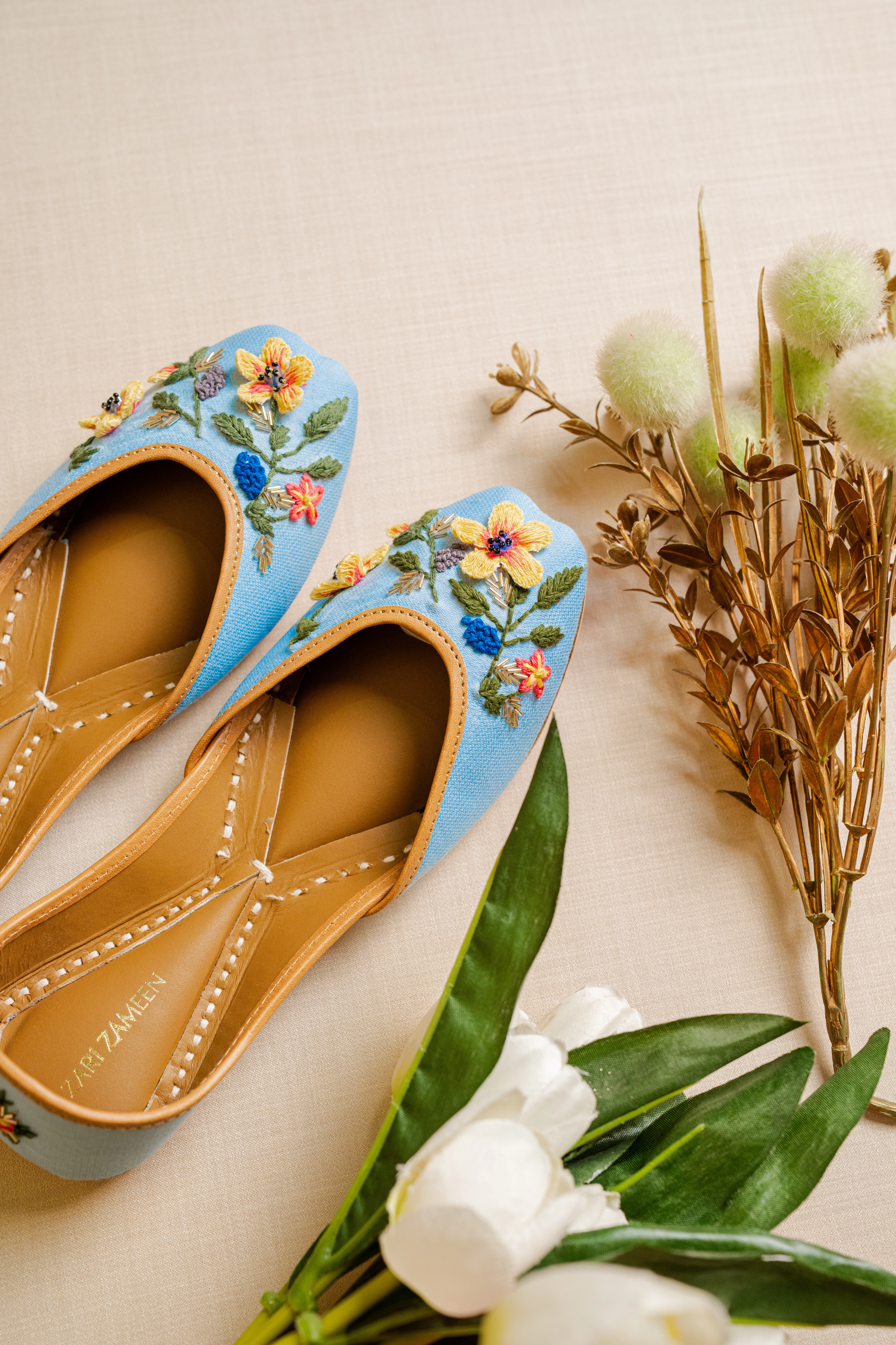 Sky Blue Floral Embroidered Punjabi Juttis